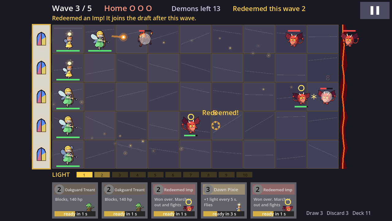 Gameplay: fairy archers defend five lanes while redeemed imps with halos march against the horde